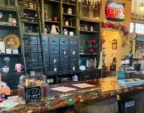 The eclectic coffee counter inside Gigi's Coffee House